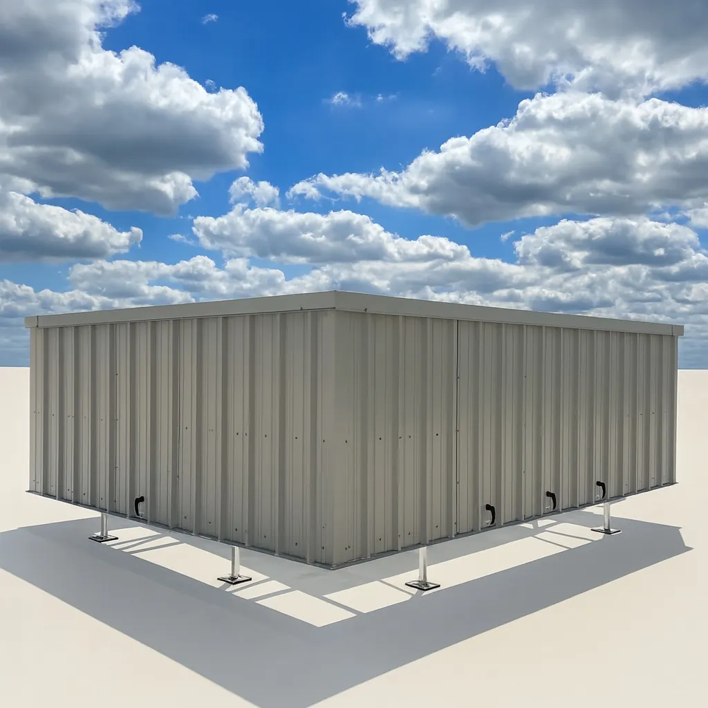 Beige solid-panel RTU screen enclosure with access-door latches